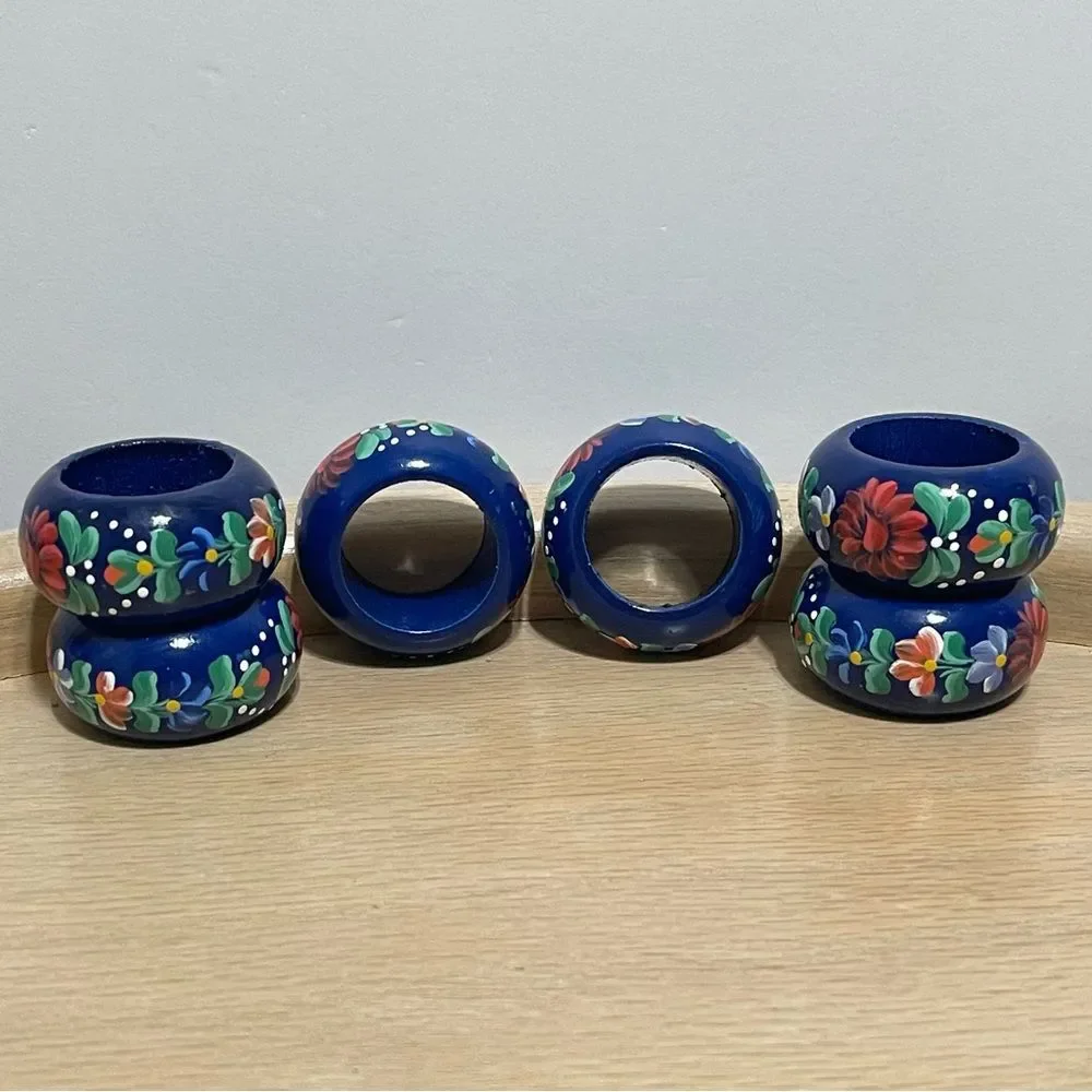 Hand-Painted Blue Floral Wood Napkin Rings Colorful Cottage Artsy Ornate 6 Set